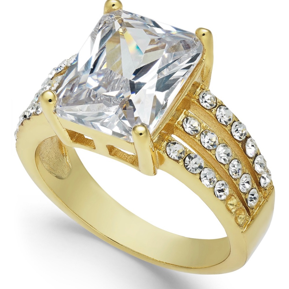 Gold plate emerald-cut crystal triple row ring